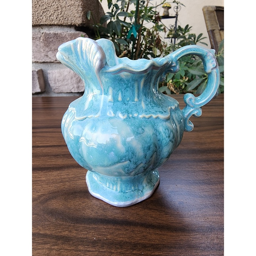 Vintage 1975 Arner's Turquoise Blue Shell Ewer Pitcher Ornate Handle